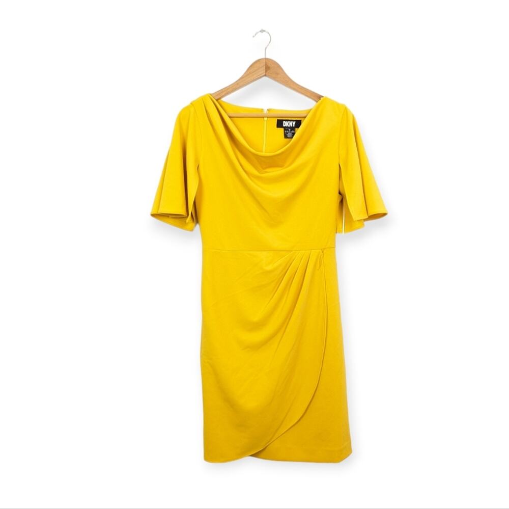 DKNY Wrap Dress 12 Golden Yellow Cowl Neck Faux Wrap Workwear Career